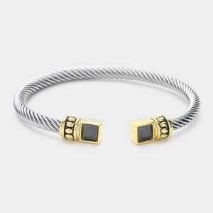 Black Square CZ Stone Tip Two Tone Twist Rope Cable Cuff Bracelet Bangle Metal